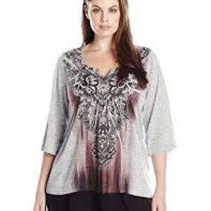 One World Black Grey Chiffon Layered 3/4 Sleeve Embellished V Neck Top Plus